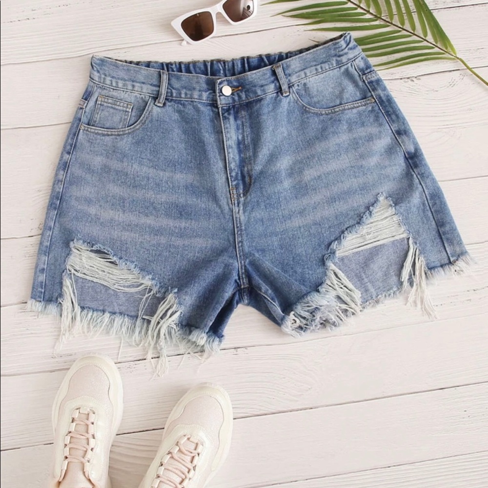 Ripped Raw Hem Denim Shorts